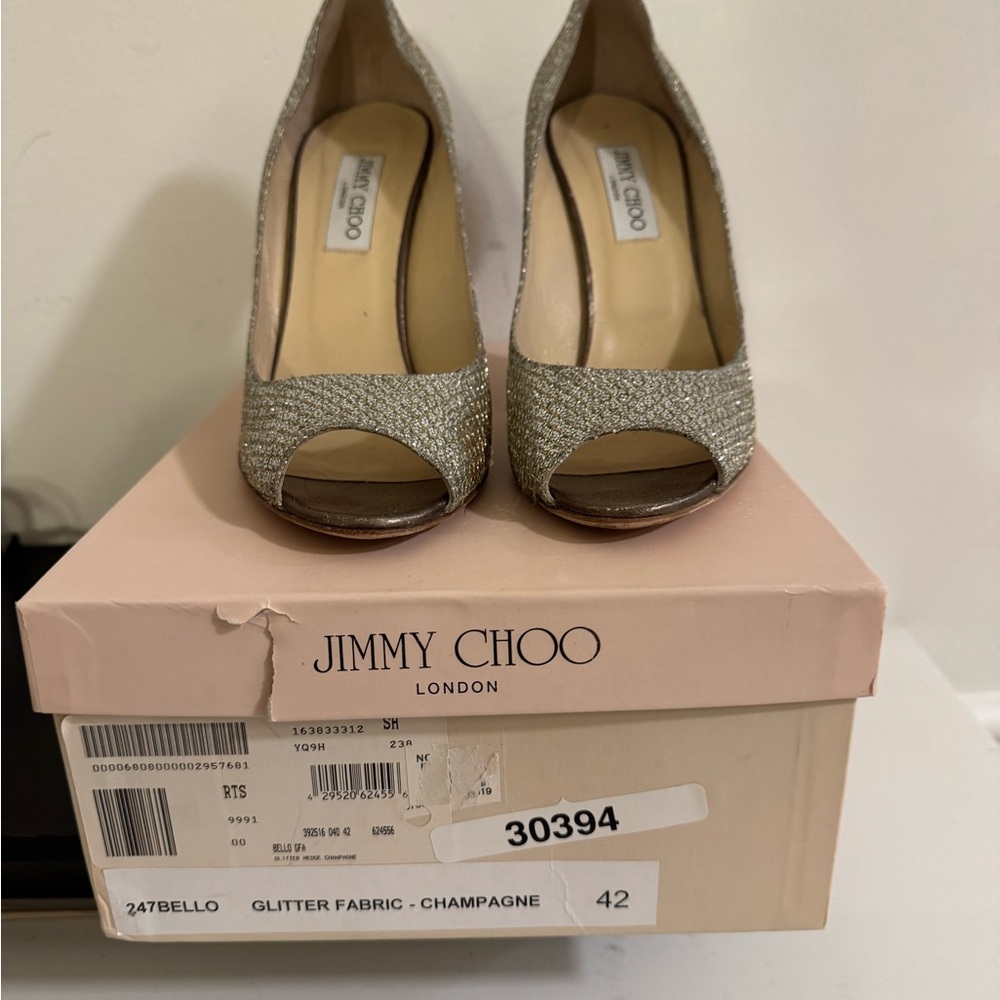 Jimmy Choo Champagne Glitter Peep-Toe Heels